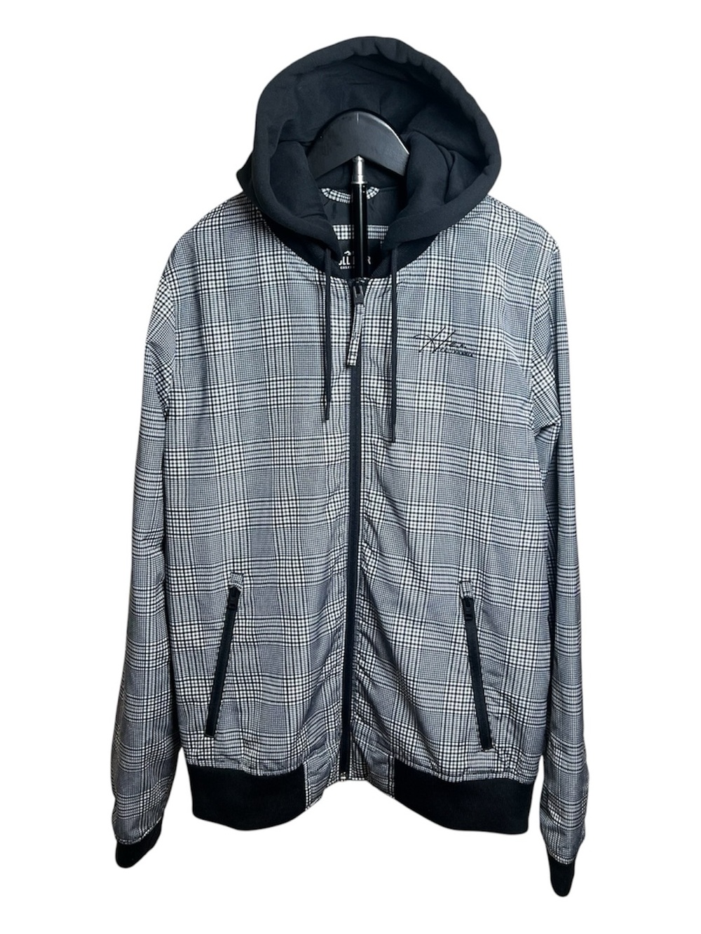 Hollister California Black & Gray Plaid Zip Front Hooded Bomber Jacket Men’s L